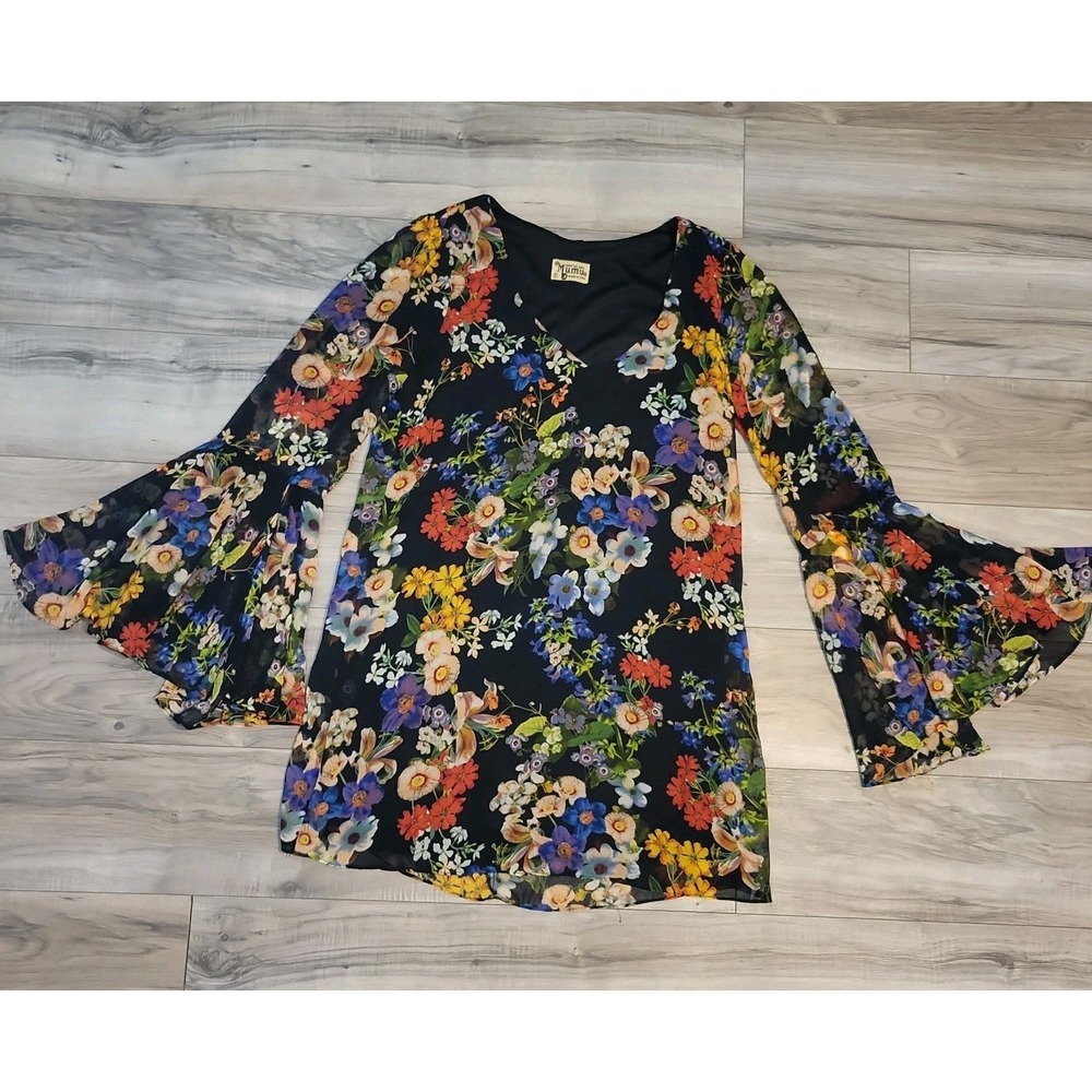 Show Me Your Mumu Jamie Tunic Dress Women S Mini Black Floral Bell Sleeve